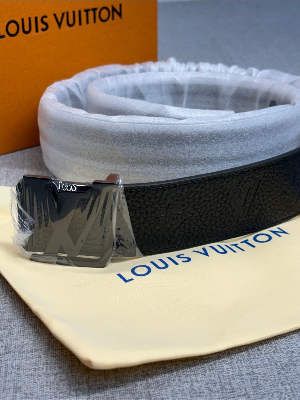 Louis Vuitton Black Textured Leather Belt with LV Metal Buckle